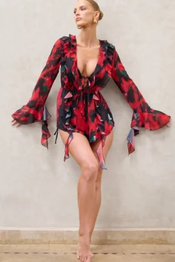 Sauvage | Red u0026 Black Floral Print Chiffon Ruffle Long Sleeve Playsuit