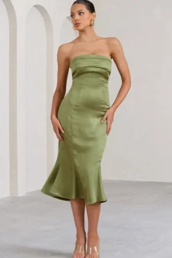 Sauvignon | Olive Satin Bandeau Midi Dress With Cowl Back