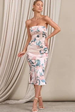 Sauvignon | Pink Floral Satin Bandeau Midi Dress With Cowl Back