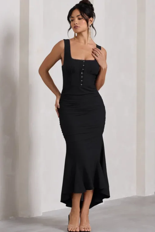 Savannah | Black Square-Neck Corset Fishtail Maxi Dress