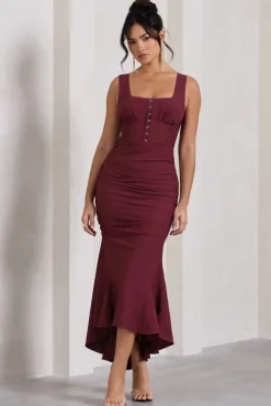 Savannah | Burgundy Square-Neck Corset Fishtail Maxi Dress