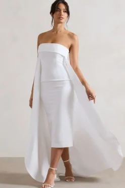 Save The Date | Cream Bandeau Midi Dress With Train