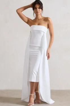 Save The Date | Cream Bandeau Midi Dress With Train