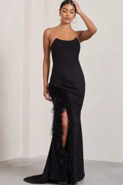 Say Yes | Black Corset Maxi Dress With Split Feather Skirt