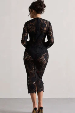 Scandal | Black Lace Long-Sleeved Midi Dress