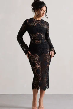 Scandal | Black Lace Long-Sleeved Midi Dress
