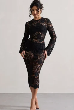 Scandal | Black Lace Long-Sleeved Midi Dress