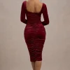 Seductress | Berry Velvet Square Neck Bodycon Midi Dress With Long Sleeves