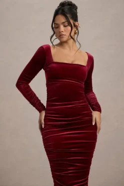 Seductress | Berry Velvet Square Neck Bodycon Midi Dress With Long Sleeves