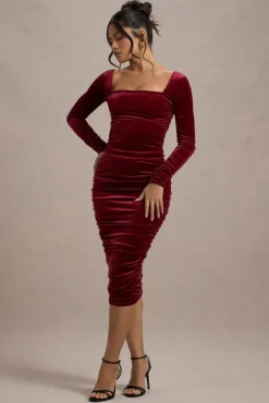 Seductress | Berry Velvet Square Neck Bodycon Midi Dress With Long Sleeves