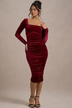 Seductress | Berry Velvet Square Neck Bodycon Midi Dress With Long Sleeves