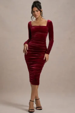 Seductress | Berry Velvet Square Neck Bodycon Midi Dress With Long Sleeves