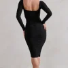 Seductress | Black Long Sleeve Square Neck Ruched Midi Dress