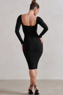 Seductress | Black Long Sleeve Square Neck Ruched Midi Dress