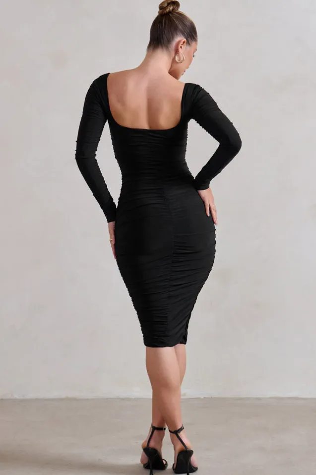 Seductress | Black Long Sleeve Square Neck Ruched Midi Dress