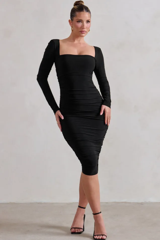 Seductress | Black Long Sleeve Square Neck Ruched Midi Dress