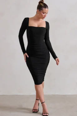 Seductress | Black Long Sleeve Square Neck Ruched Midi Dress
