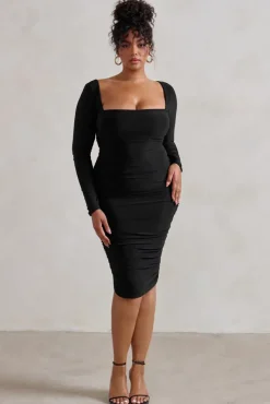 Seductress | Black Long Sleeve Square Neck Ruched Midi Dress
