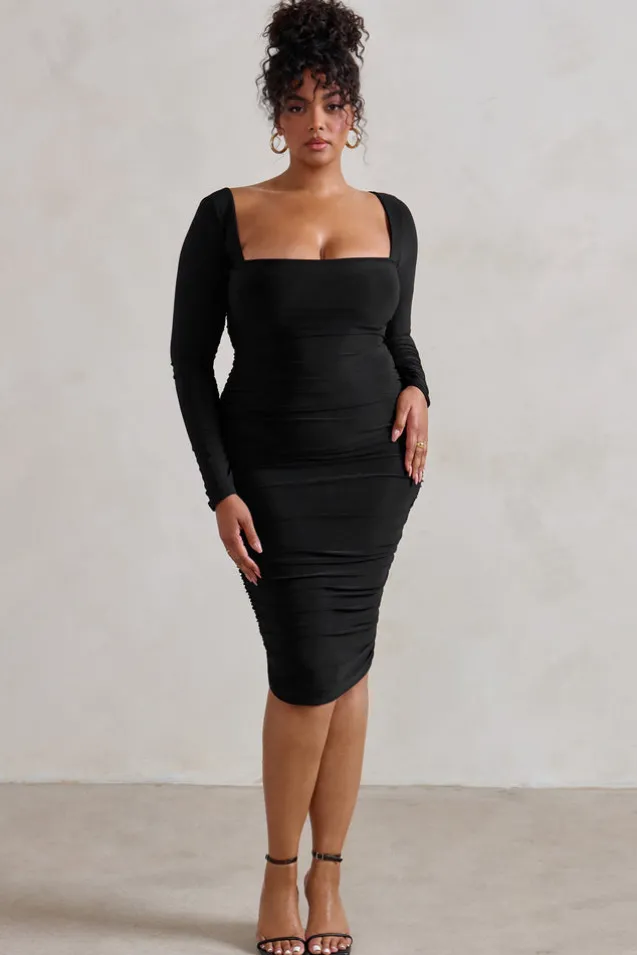 Seductress | Black Long Sleeve Square Neck Ruched Midi Dress