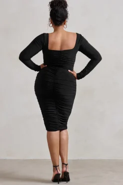 Seductress | Black Long Sleeve Square Neck Ruched Midi Dress
