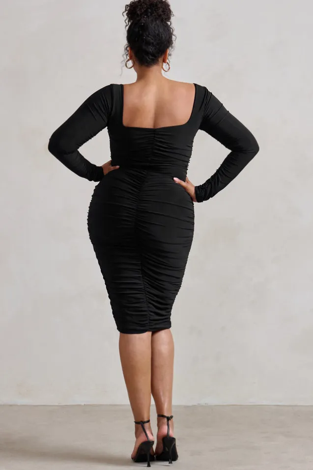 Seductress | Black Long Sleeve Square Neck Ruched Midi Dress