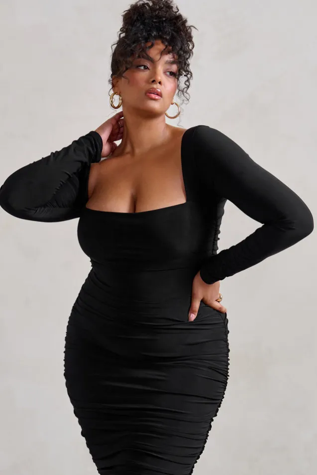 Seductress | Black Long Sleeve Square Neck Ruched Midi Dress