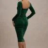 Seductress | Bottle Green Velvet Square Neck Bodycon Midi Dress With Long Sleeves