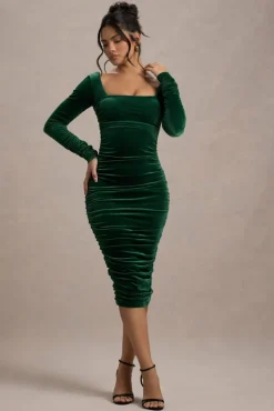 Seductress | Bottle Green Velvet Square Neck Bodycon Midi Dress With Long Sleeves