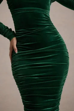 Seductress | Bottle Green Velvet Square Neck Bodycon Midi Dress With Long Sleeves