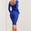 Seductress | Cobalt Blue Long Sleeve Square Neck Ruched Midi Dress
