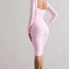 Seductress | Pink Long Sleeve Square Neck Ruched Midi Dress