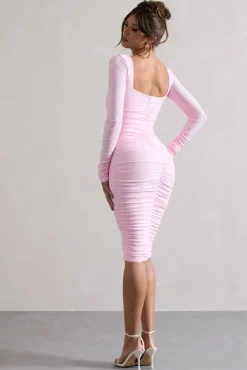 Seductress | Pink Long Sleeve Square Neck Ruched Midi Dress