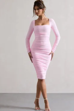 Seductress | Pink Long Sleeve Square Neck Ruched Midi Dress