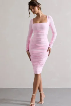 Seductress | Pink Long Sleeve Square Neck Ruched Midi Dress
