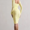 Seductress | Yellow Long Sleeve Square Neck Ruched Midi Dress