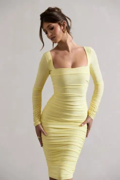 Seductress | Yellow Long Sleeve Square Neck Ruched Midi Dress