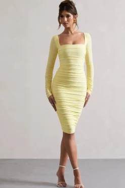 Seductress | Yellow Long Sleeve Square Neck Ruched Midi Dress
