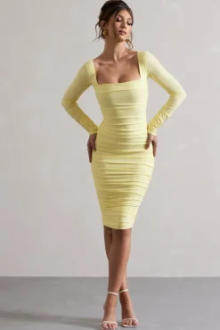 Seductress | Yellow Long Sleeve Square Neck Ruched Midi Dress