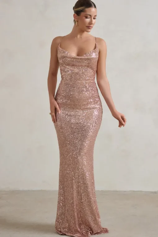 Seeing Stars | Champagne Cowl Cami Sequin Maxi Dress With Waist Tie