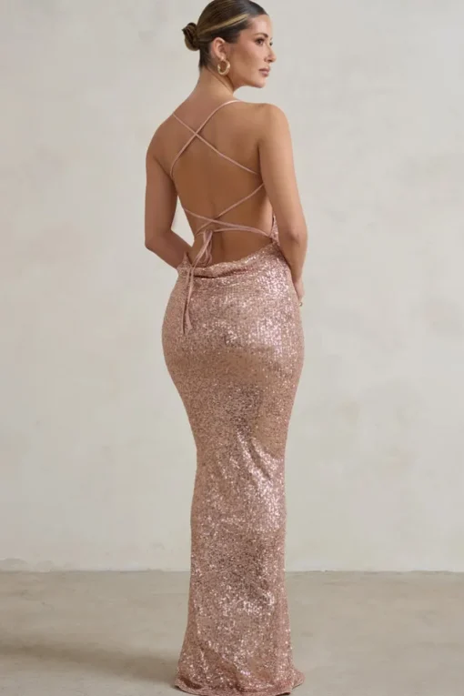 Seeing Stars | Champagne Cowl Cami Sequin Maxi Dress With Waist Tie