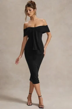 Selbie | Black Bardot Midi Dress With Drape