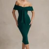 Selbie | Bottle Green Bardot Midi Dress With Drape