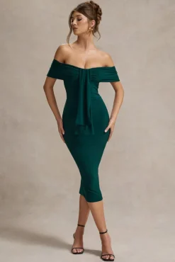 Selbie | Bottle Green Bardot Midi Dress With Drape