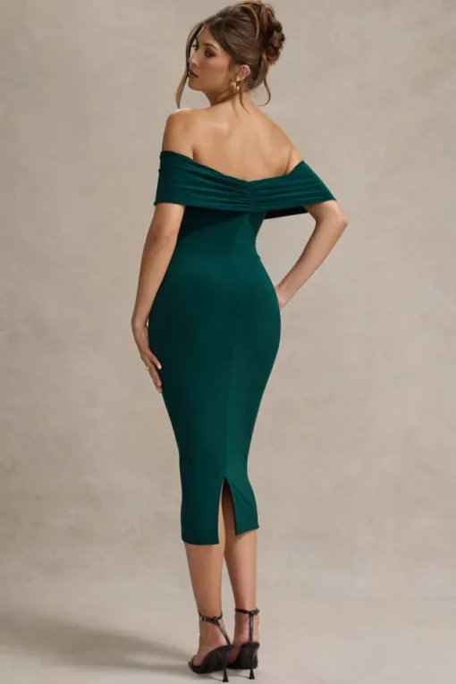 Selbie | Bottle Green Bardot Midi Dress With Drape