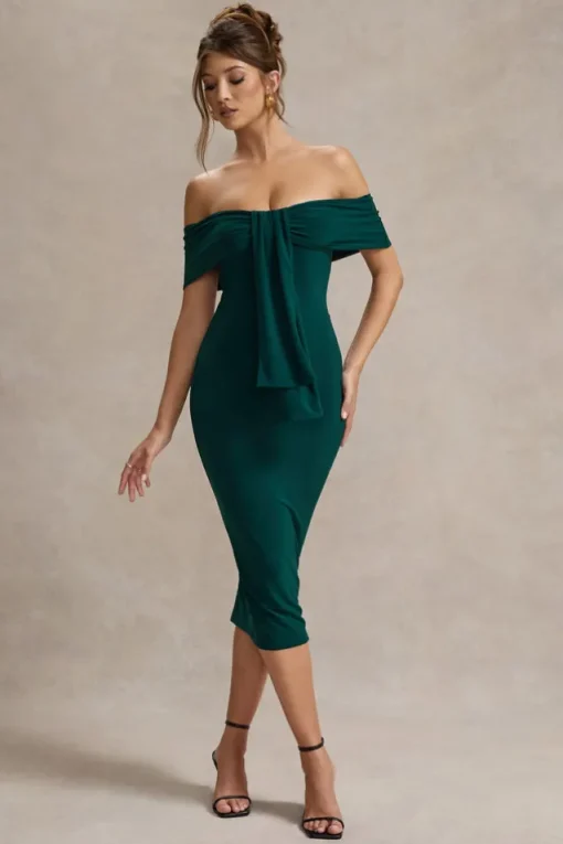 Selbie | Bottle Green Bardot Midi Dress With Drape