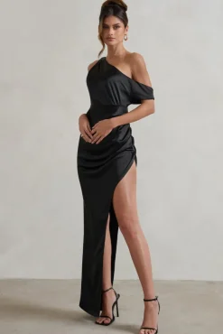 Select | Black Asymmetrical Extreme Split Satin Maxi Dress