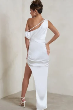Select | White Asymmetrical Extreme Split Satin Maxi Dress