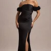 Senseless | Black Satin Floral Bardot Maxi Dress