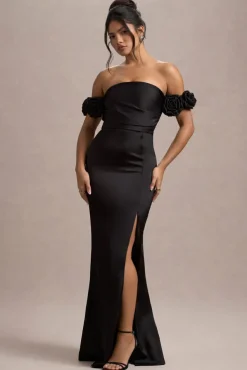 Senseless | Black Satin Floral Bardot Maxi Dress