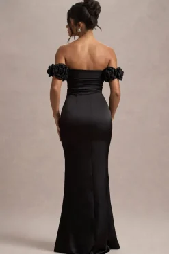 Senseless | Black Satin Floral Bardot Maxi Dress